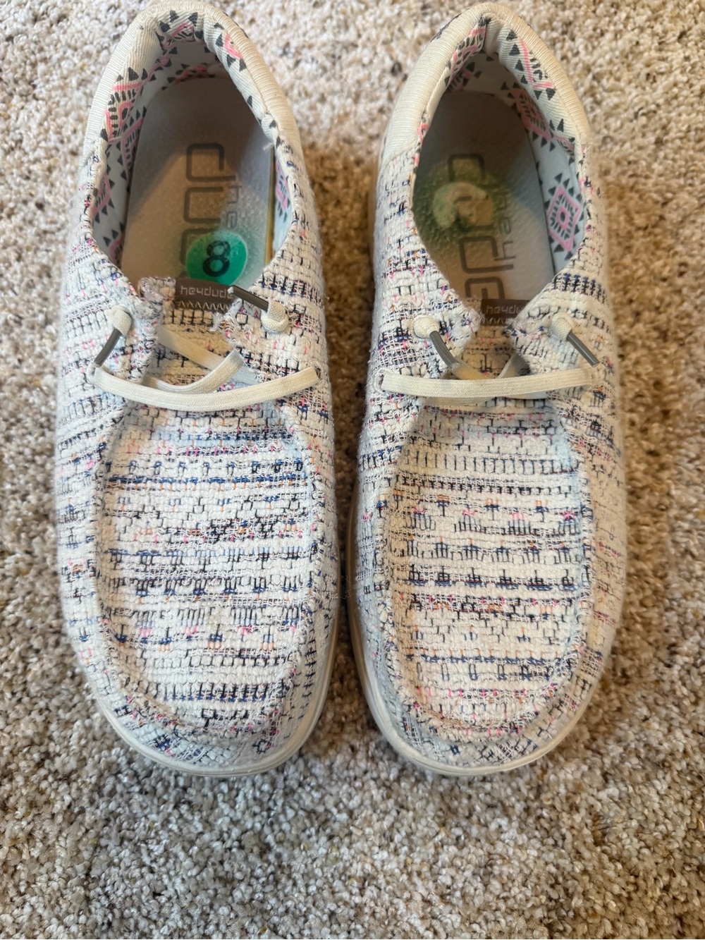Hey Dude Women’s 8 Slip-On Sneakers in Cream with Navy & Pink Details